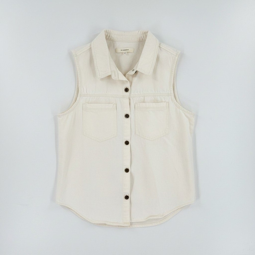 No Comment Sleeveless Button Front Cotton Twill Utility Shirt Ivory Size L Large